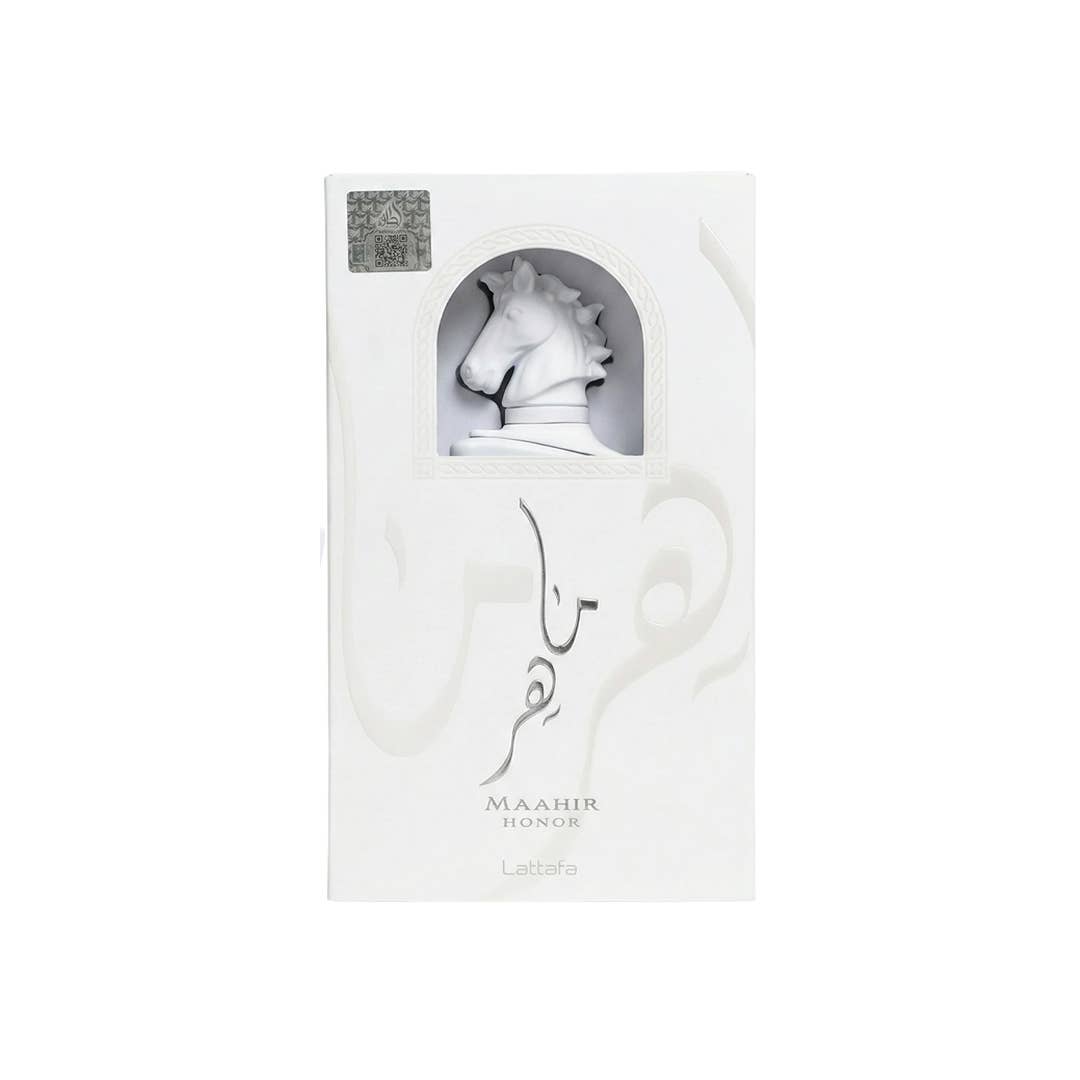 Lattafa Maahir Honor Eau de Parfum Flasche mit goldener Verpackung, elegantes Design, für Damen und Herren