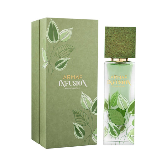 Armaf Infusion Eau de Parfum Flasche mit eleganter Gestaltung und transparentem Glas für Damen und Herren.