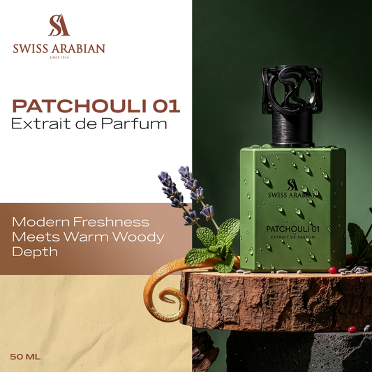SWISS ARABIAN Patchouli 01 Eau de Parfum Flasche mit goldener Verpackung und Patchouli-Duft, elegant und luxuriös gestaltet