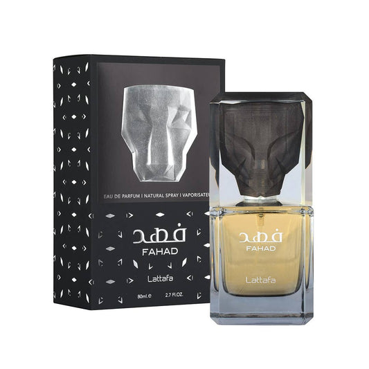 Lattafa Fahad Eau de Parfum Flasche mit goldener Verpackung, elegantes Parfüm für Männer, luxuriöses Duftdesign