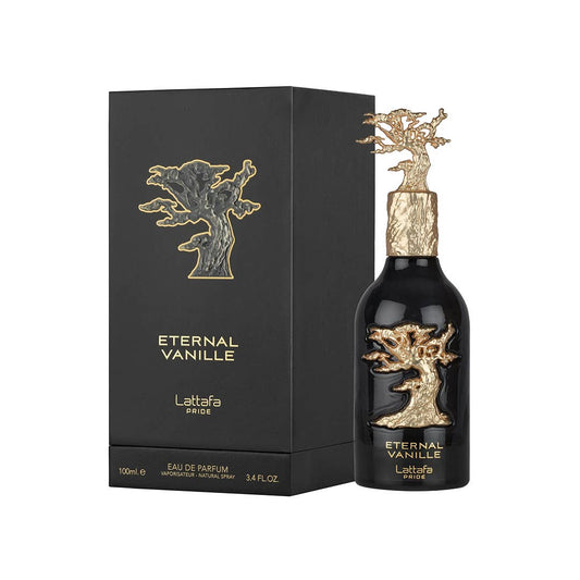 Lattafa Pride Eternal Vanilla Eau de Parfum Flasche mit goldener Verpackung und Vanille-Duft, elegant und ansprechend gestaltet