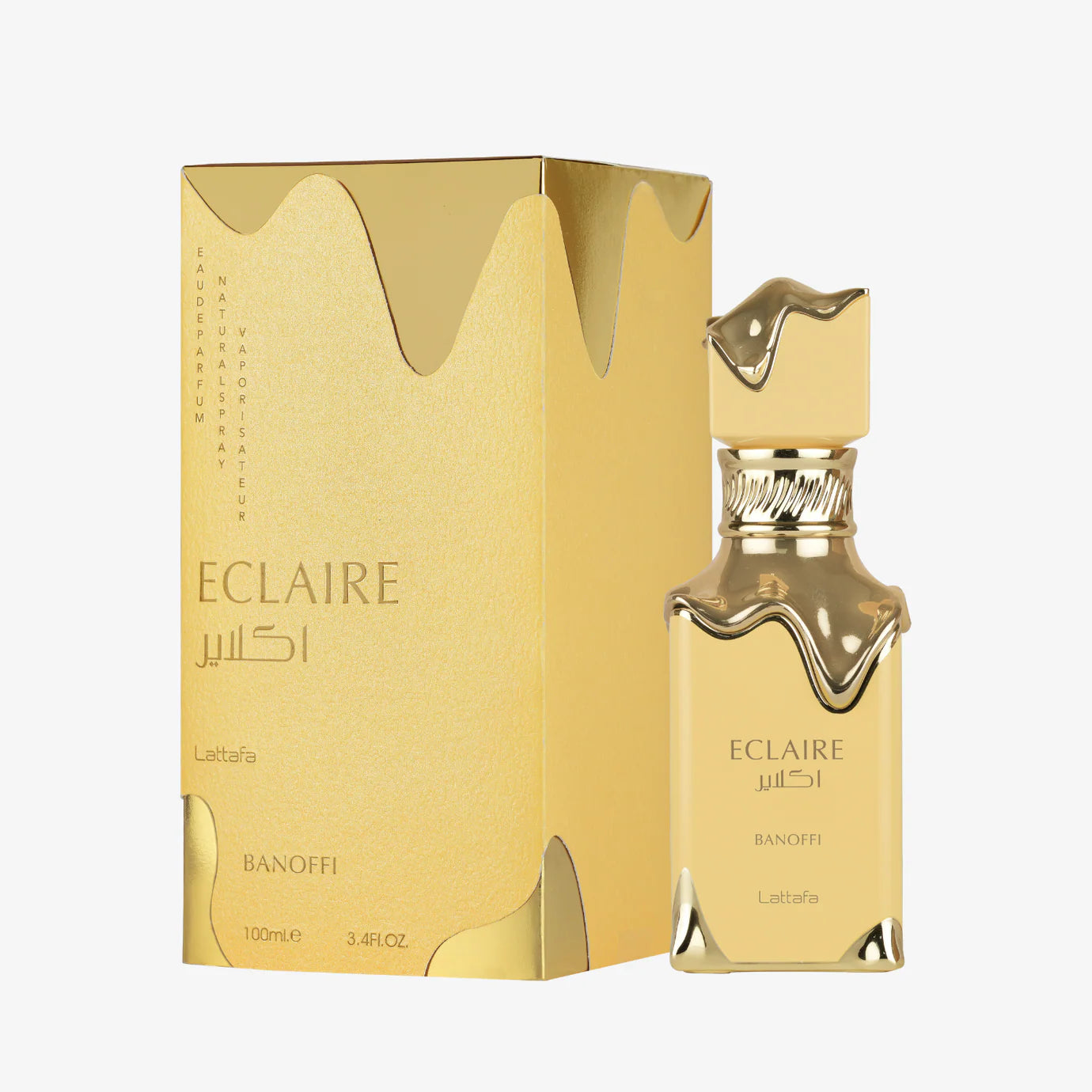 Lattafa Eclaire Banoffi Eau de Parfum Flasche mit goldener Verpackung und elegantem Design, Duftbeschreibung auf der Verpackung sichtbar