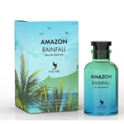 Volaré Eau de Parfum Amazon Rainfall zeigt die Flasche mit blauer Flüssigkeit und grünen Blättern, die frischen, natürlichen Duft vermitteln