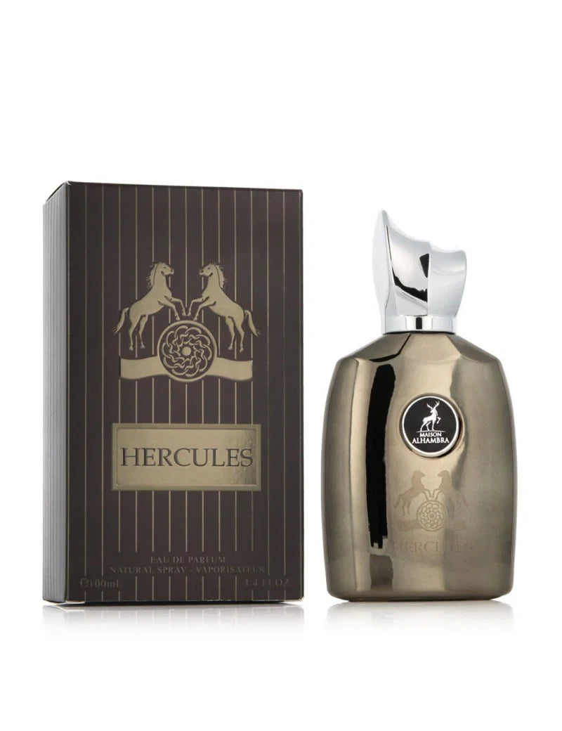 Lattafa Maison Alhambra Hercules Eau de Parfum 100ml Flasche mit goldener Verpackung und eleganter Gestaltung.