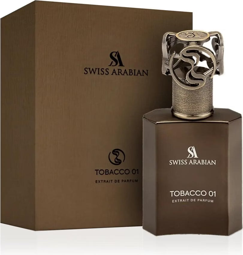 SWISS ARABIAN Tobacco 01 Eau de Parfum Flasche mit eleganter Verpackung, dunkle Glasflasche und goldene Akzente sichtbar