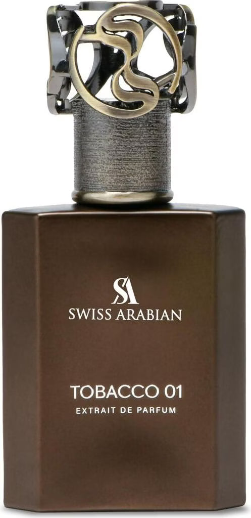 SWISS ARABIAN Tobacco 01 Eau de Parfum Flasche mit dunklem Design und goldenen Akzenten auf weißem Hintergrund