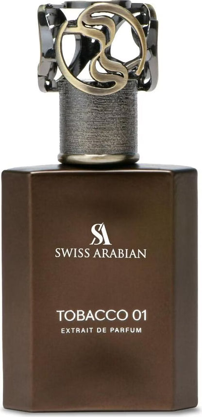 SWISS ARABIAN Tobacco 01 Eau de Parfum Flasche mit dunklem Design und goldenen Akzenten auf weißem Hintergrund