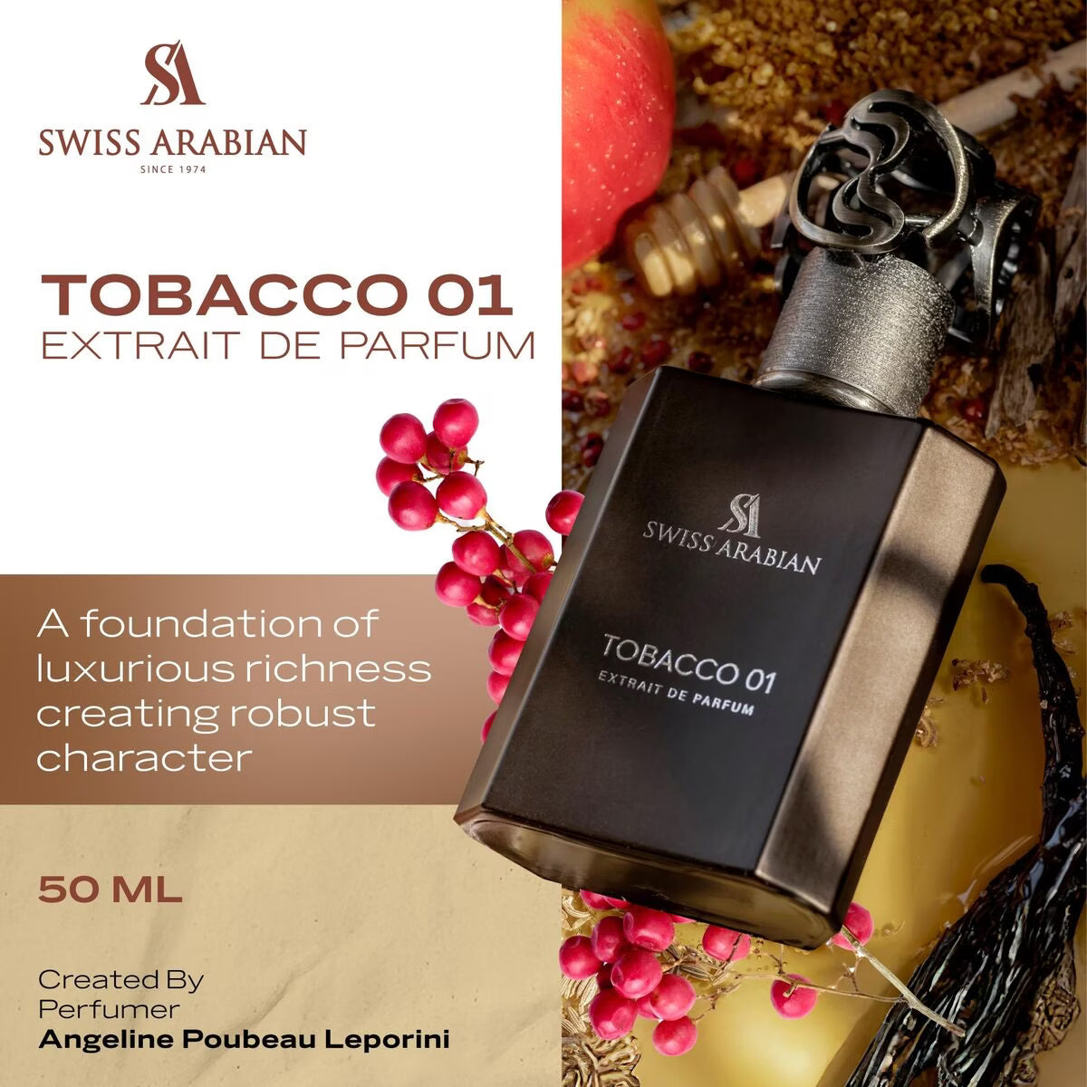 SWISS ARABIAN Tobacco 01 Eau de Parfum Flasche mit dunklem Design, elegant und aromatisch, für Männer und Frauen