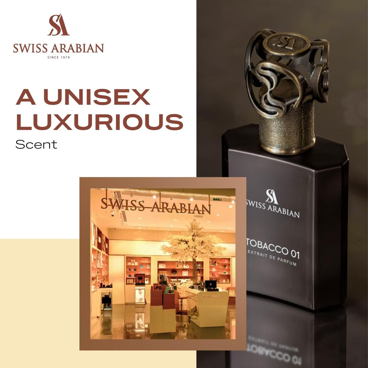 SWISS ARABIAN Tobacco 01 Eau de Parfum Flasche mit dunklem Design und eleganter Verpackung, Nahaufnahme