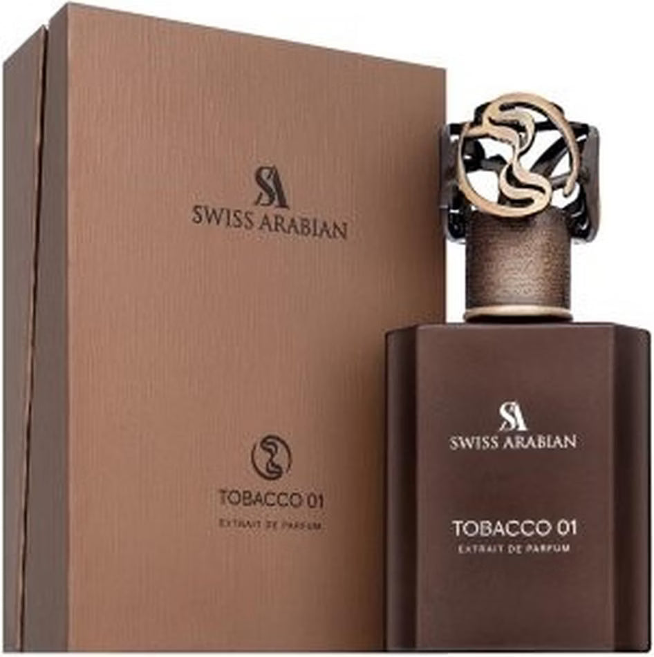 SWISS ARABIAN Tobacco 01 Eau de Parfum Flasche mit dunklem Design und goldenen Akzenten, elegantes Parfümflakon.