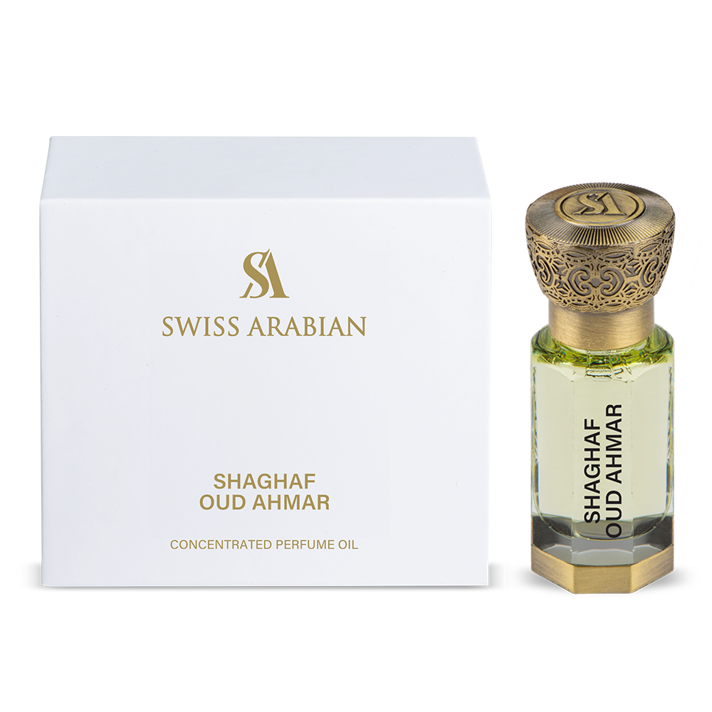 SWISS ARABIAN Shaghaf Oud Ahmar Parfümöl Flasche mit goldener Kappe und arabischem Design, luxuriöses Parfumöl für Damen und Herren