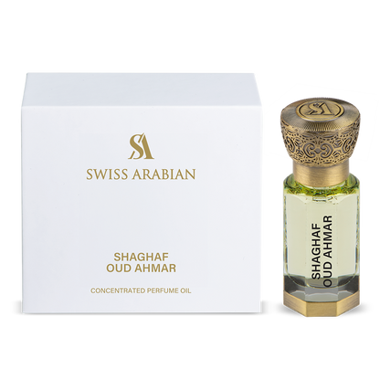 SWISS ARABIAN Shaghaf Oud Ahmar Parfümöl Flasche mit goldener Kappe und arabischem Design, luxuriöses Parfumöl für Damen und Herren