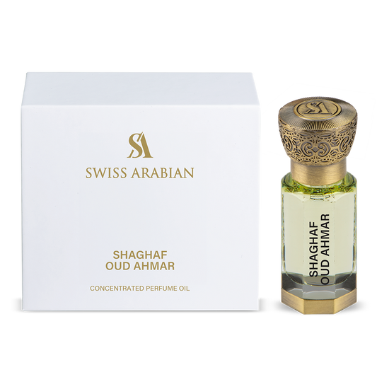 SWISS ARABIAN Shaghaf Oud Ahmar Parfümöl Flasche mit goldener Kappe und arabischem Design, luxuriöses Parfumöl für Damen und Herren