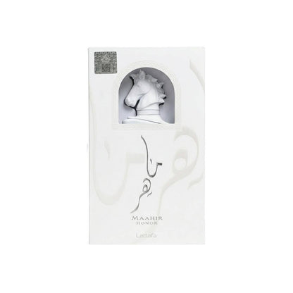 Lattafa Maahir Honor Eau de Parfum Flasche mit goldener Verpackung, elegantes Design, für Damen und Herren