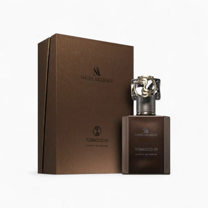 SWISS ARABIAN Tobacco 01 Eau de Parfum Flasche, dunkle Verpackung, elegantes Design, für Männer und Frauen