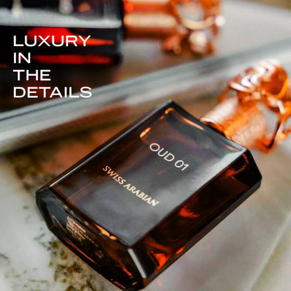 SWISS ARABIAN Oud 01 Eau de Parfum Flasche mit goldener Kappe und eleganter Verpackung, Duftnote für Männer und Frauen