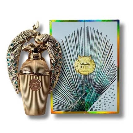 Lattafa Afeef Eau de Parfum Flasche mit goldener Verpackung und eleganter Gestaltung, Duftbeschreibung sichtbar