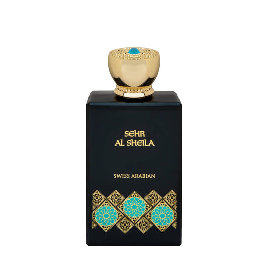 SWISS ARABIAN Sehr Al Sheila Eau de Parfum Flasche mit goldener Verpackung und eleganter Schrift auf dem Etikett