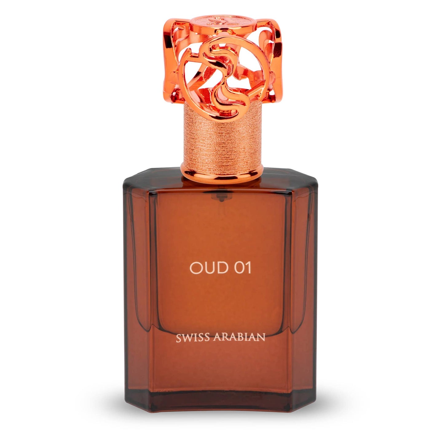 SWISS ARABIAN Oud 01 Eau de Parfum Flasche mit goldener Kappe und schwarzem Etikett, elegantes Parfum-Design, Nahaufnahme