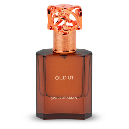 SWISS ARABIAN Oud 01 Eau de Parfum Flasche mit goldener Kappe und schwarzem Etikett, elegantes Parfum-Design, Nahaufnahme