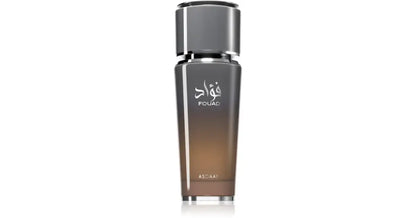 Asdaaf Fouad Eau de Parfum, elegantes Fläschchen mit goldener Kappe und floralem Duft, stilvoll präsentiert auf weißem Hintergrund