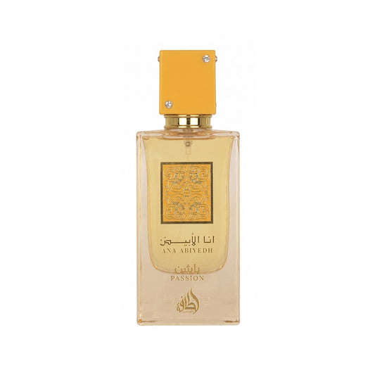 Lattafa Ana Abiyedh Passion Eau de Parfum Flasche mit floralem und fruchtigem Design, elegantes Parfum für Damen