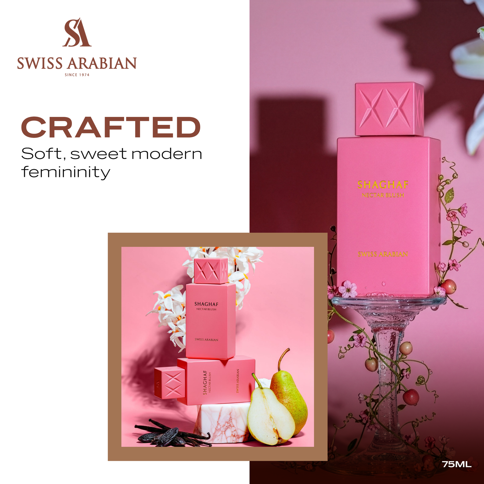 SWISS ARABIAN Nectar Blush Eau de Parfum Flasche mit blumigem Duft und rosafarbenem Design, elegant und stilvoll.