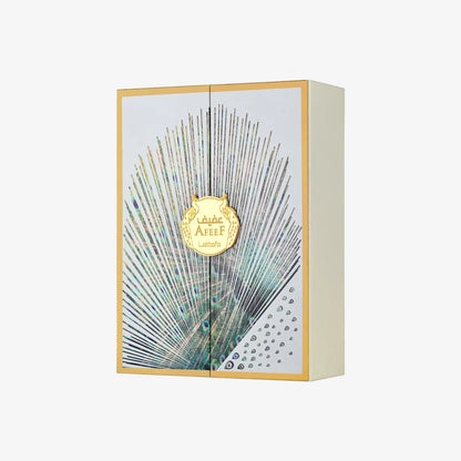 Lattafa Afeef Eau de Parfum Flasche mit goldener Verpackung, elegantes Parfüm für Männer und Frauen.