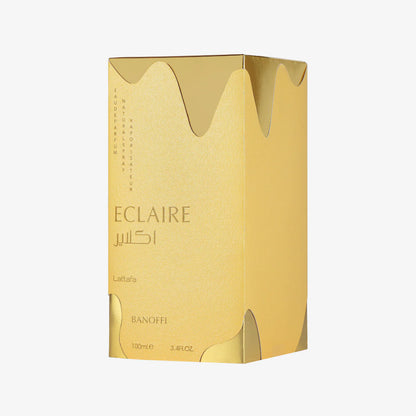 Lattafa Eclaire Banoffi Eau de Parfum in eleganter Verpackung, mit cremigem, süßem Duft und goldener Verpackung.