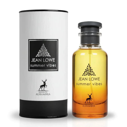 Maison Alhambra Jean Lowe Summer Vibes Eau de Parfum Flasche mit blauer Verpackung und blumigem Design, 100 ml.