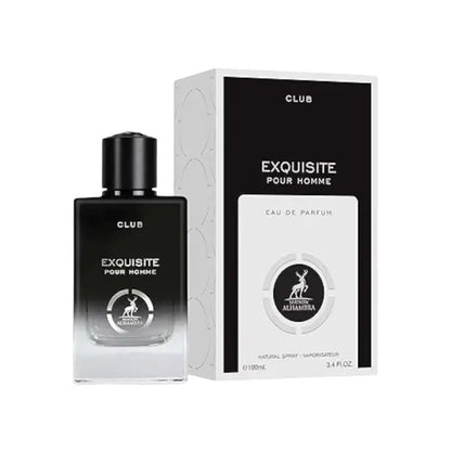 Maison Alhambra Exquisite Club Eau de Parfum Flasche mit elegantem Design, sichtbarer Duft- und Markenlogo, stilvoll präsentiert