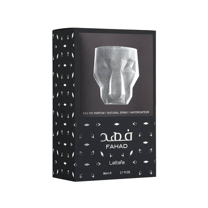 Lattafa Fahad Eau de Parfum Flasche mit goldener Verpackung und eleganten Details, luxuriöser Duft für Männer.