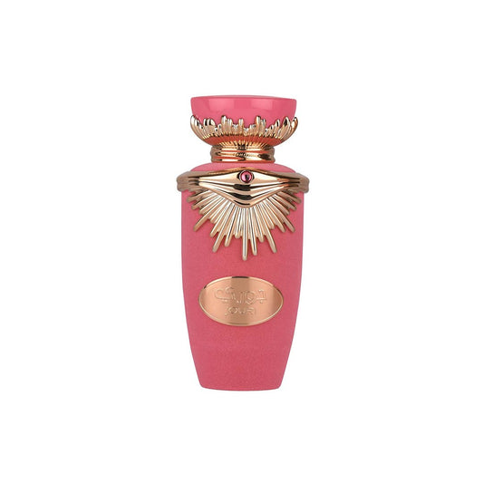 Lattafa Jouri Eau de Parfum Flasche mit goldener Kappe und eleganter Verpackung, Parfüm mit blumigen und orientalischen Noten.