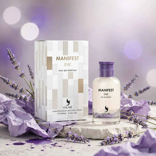 Volaré Manifest Ink Eau de Parfum Flasche mit elegantem Design, zeigt das Parfüm in einem stilvollen Flakon.