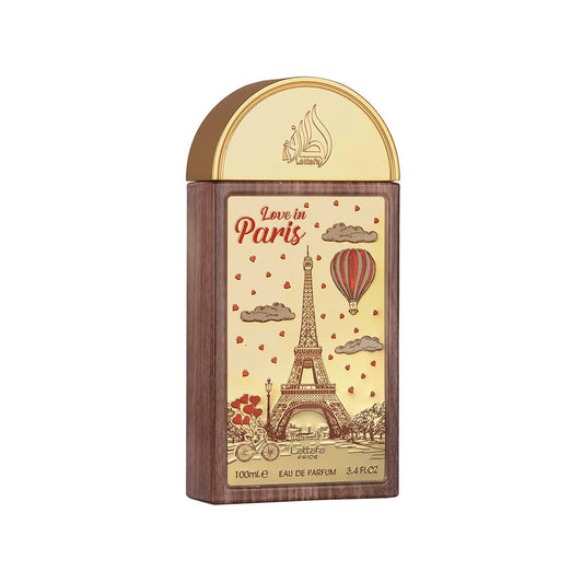 Lattafa Pride Love in Paris Eau de Parfum Flasche mit floralem Duft und eleganter Gestaltung, ideal für Damen und Herren