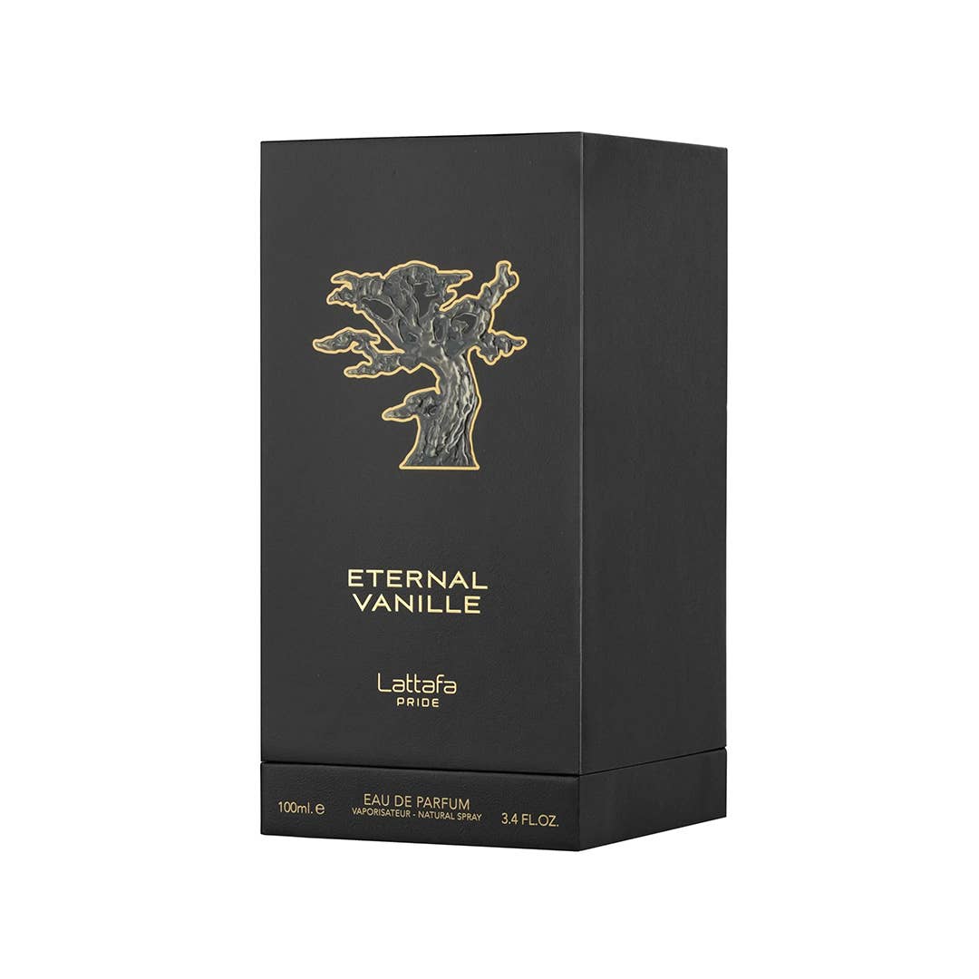 Lattafa Pride Eternal Vanilla Eau de Parfum Flasche mit goldenem Deckel und eleganten Design, für Damen und Herren