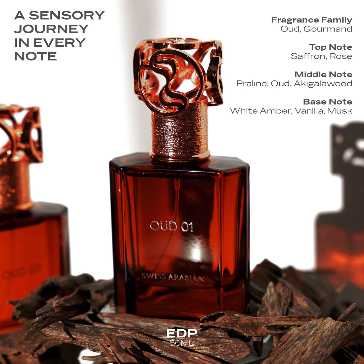 SWISS ARABIAN Oud 01 Eau de Parfum Flasche mit goldener Verpackung und schwarzem Verschluss, luxuriöser Duft, elegante Verpackung