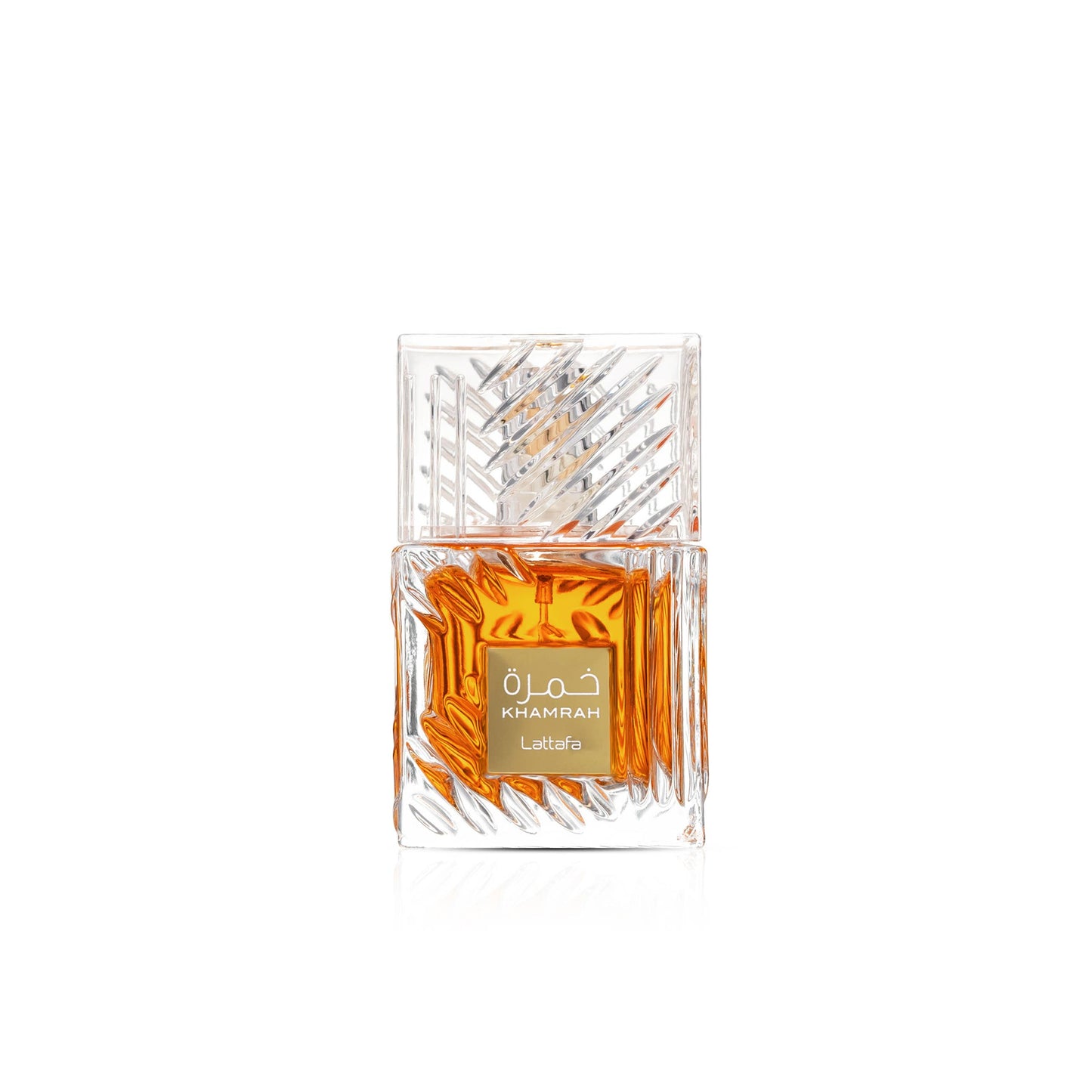 Lattafa Khamrah Eau de Parfum Flasche mit goldener Verpackung und eleganter Gestaltung, Duftdetails sichtbar auf der Flasche