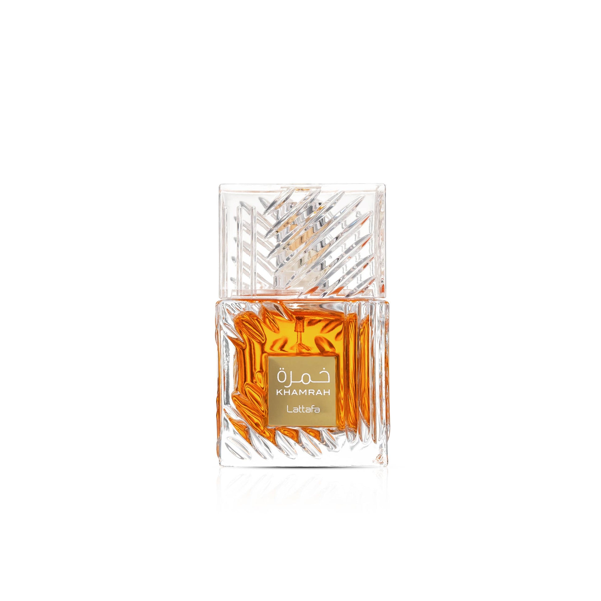 Lattafa Khamrah Eau de Parfum Flasche mit goldener Verpackung und eleganter Gestaltung, Duftdetails sichtbar auf der Flasche