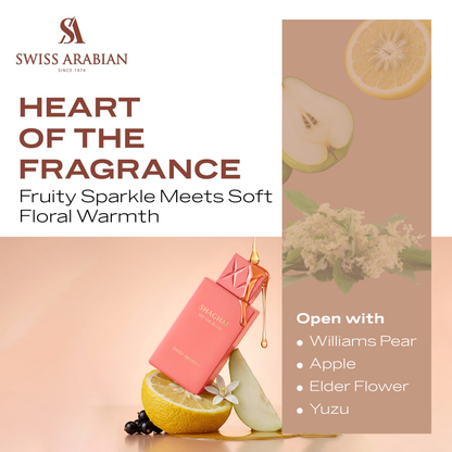 SWISS ARABIAN Nectar Blush Eau de Parfum Flasche mit floralem Design und goldenen Akzenten, elegante Parfümverpackung