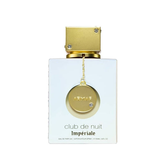 Armaf Club De Nuit White Imperiale Eau de Parfum Flasche mit weißem Design und goldenen Akzenten, auf weißem Hintergrund.