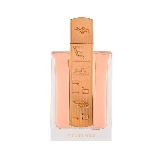Lattafa Angham Second Song Eau de Parfum Flasche mit goldener Verpackung und eleganter Gestaltung, Duft für Damen
