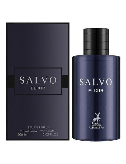Maison Alhambra Salvo Elixir Eau de Parfum Flasche mit 60ml, elegantes Parfümdesign und aromatischer Duft.